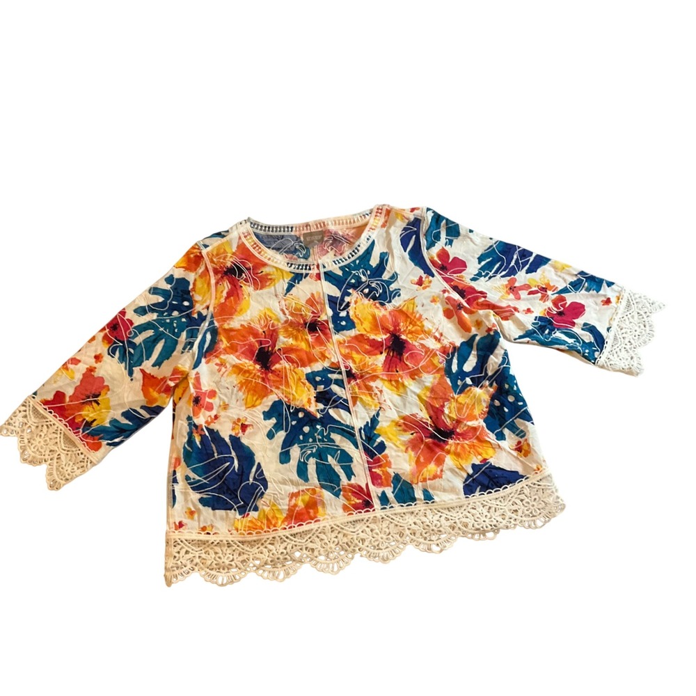 Chicos White Floral Print 3/4 Sleeve Top Lace Trim Women's Size 3‎